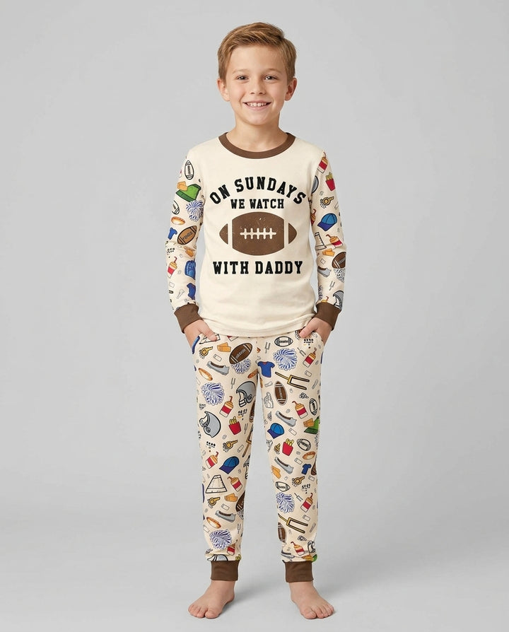 On Sundays We Watch Football With Daddy Family Matching Bamboo Two Piece Long Sleeve Pajama Set