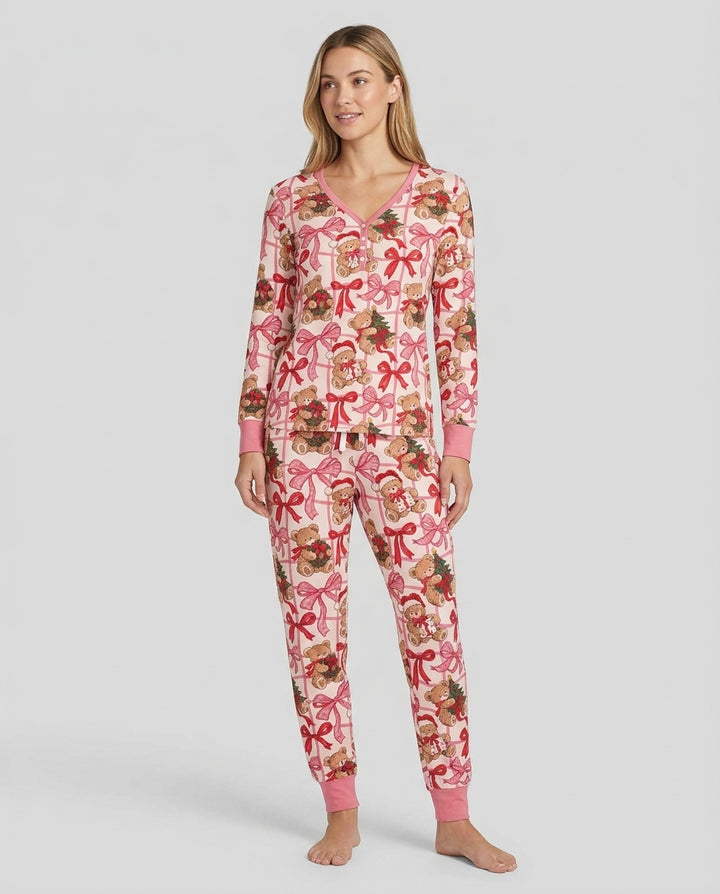 Pink Christmas Teddy Bear Plaid Mommy & Me Matching Bamboo Women Pajama Set