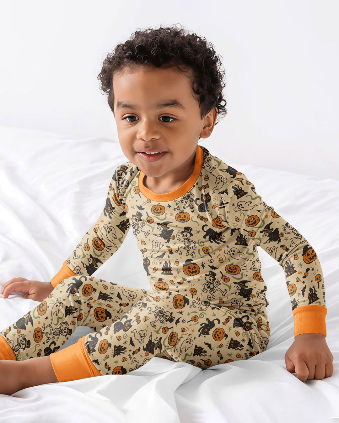 Vintage Skeleton Pumpkin Halloween Bamboo Two Piece Long Sleeve Pajama Set