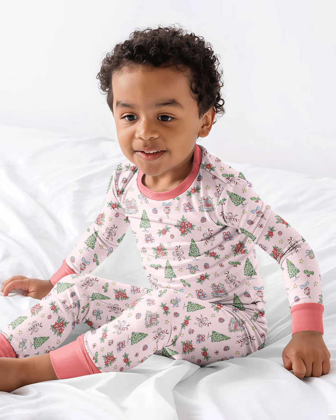 Watercolor Pink Christmas Holidays Christmas Tree Gifts Candy Cane Bamboo Two Piece Long Sleeve Pajama Set