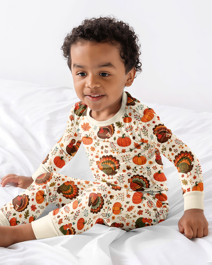 Turkey Autumn Pumpkin Bamboo Two Piece Long Sleeve Pajama Set