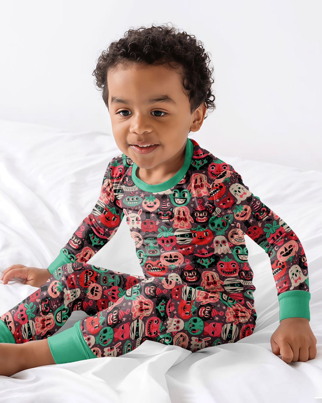 Retro Halloween Monsters Ghost Pumpkin Mummy Bamboo Two Piece Long Sleeve Pajama Set