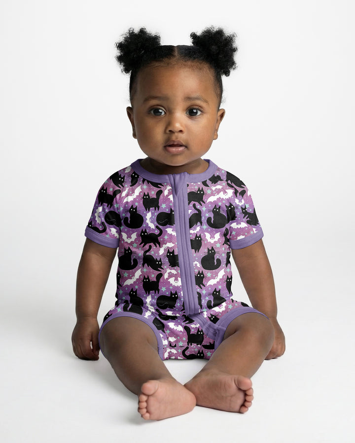 Spooky Black Cat Halloween Purple Bats Bamboo Shorty Zippy