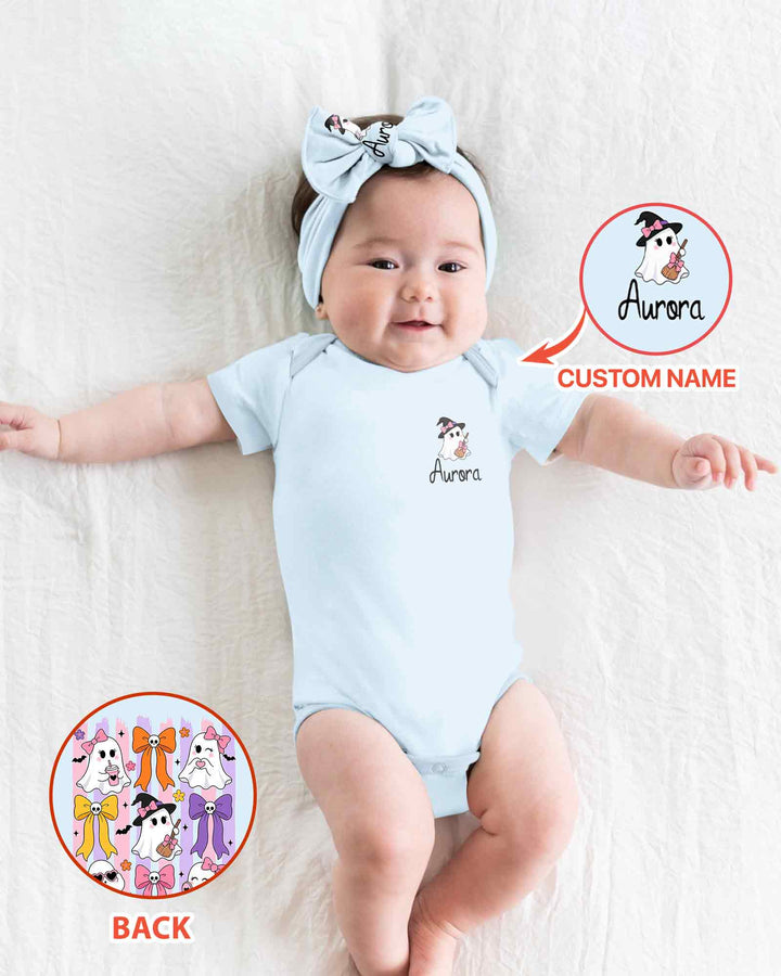 Personalized Pink Bow Ghost Coquette Halloween Bamboo Bodysuit