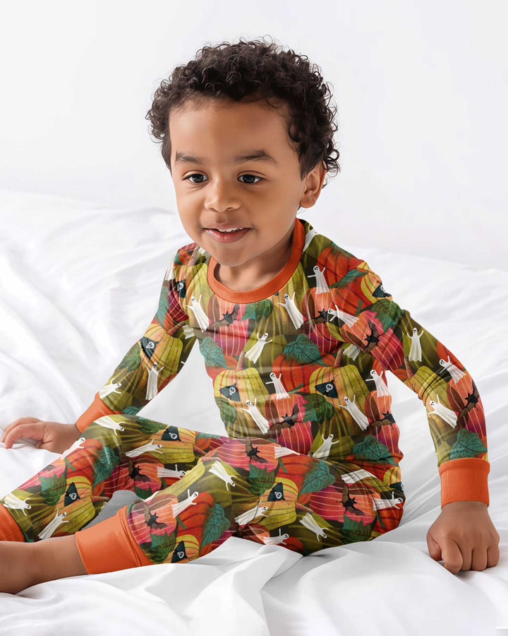 Big Pumpkin Field With Ghosts Bamboo Two Piece Long Sleeve Pajama Set