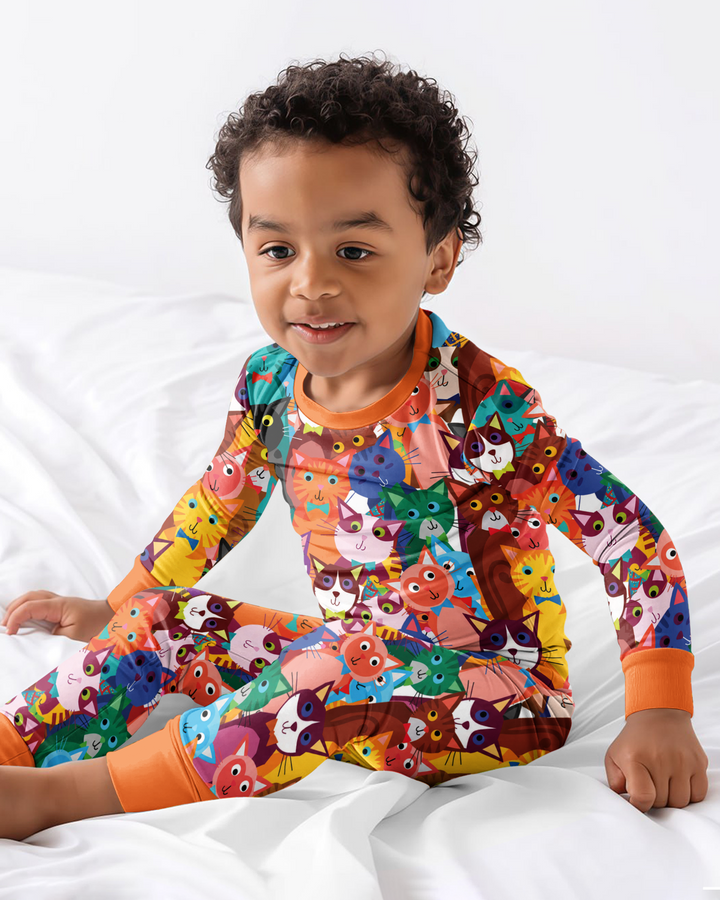 Colorful Cat Pattern Pattern Bamboo Two Piece Long Sleeve Pajama Set