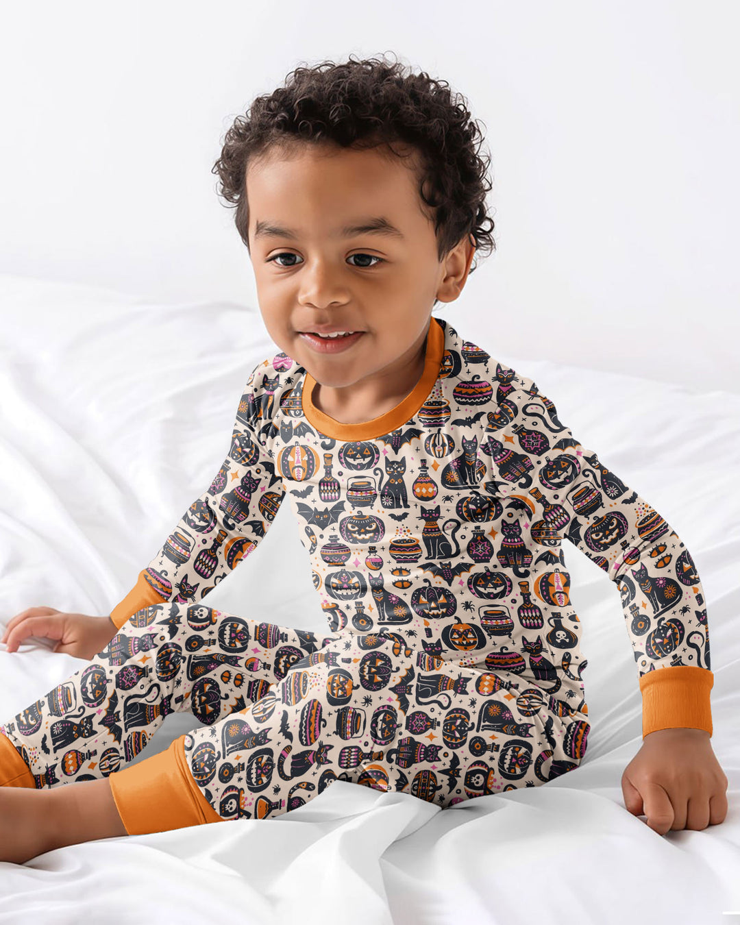 Whimsical Tribal Retro Halloween Black Cats Pumpkins Bamboo Two Piece Long Sleeve Pajama Set