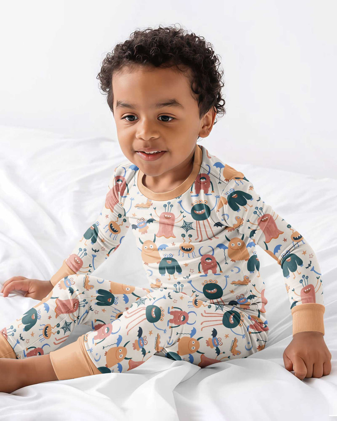 Monsters Fun Pastels Hand Painted Cute Bamboo Two Piece Long Sleeve Pajama Set