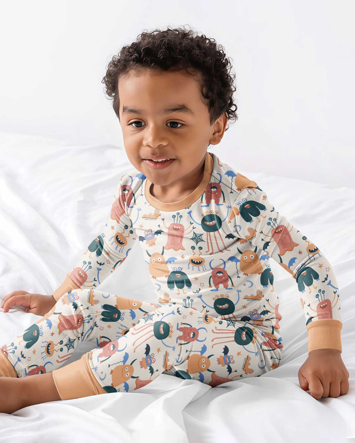 Monsters Fun Pastels Hand Painted Cute Bamboo Two Piece Long Sleeve Pajama Set
