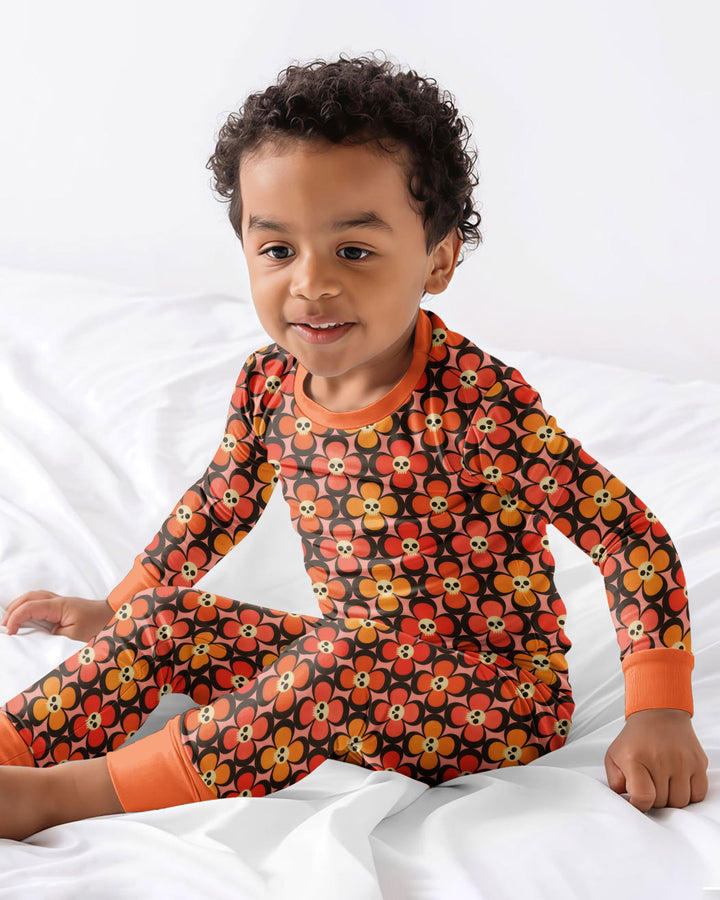 Retro Skull Flower Halloween Bamboo Two Piece Long Sleeve Pajama Set