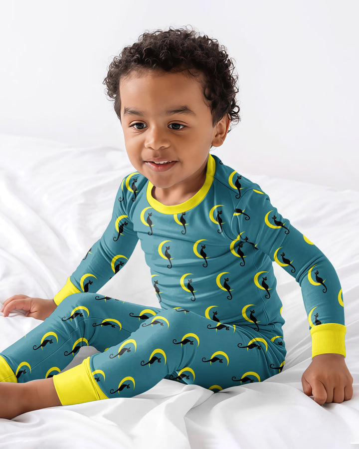 Black Cat Crescent Moon Celestial Night Bamboo Two Piece Long Sleeve Pajama Set