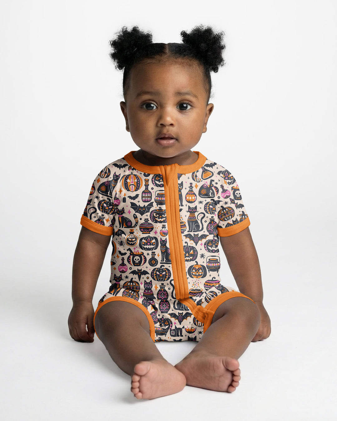 Whimsical Tribal Retro Halloween Black Cats Pumpkins Bamboo Shorty Zippy