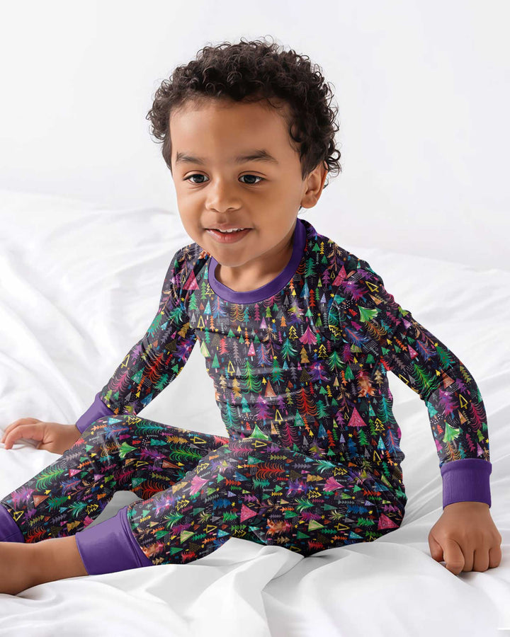 Christmas Holiday Colorful Trees Bamboo Two Piece Long Sleeve Pajama Set