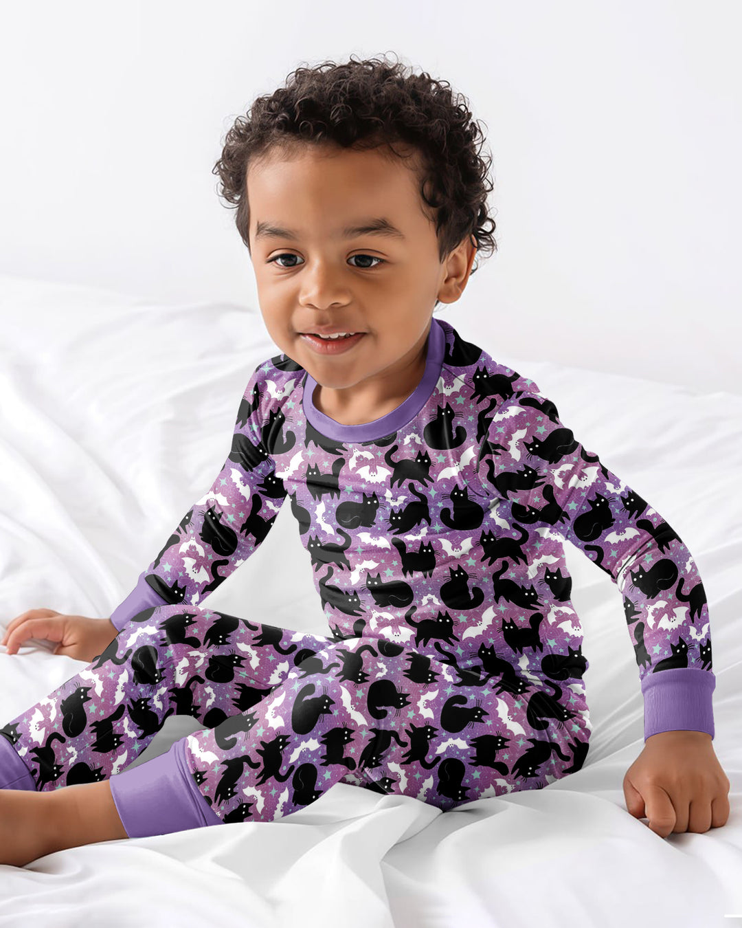 Spooky Black Cat Halloween Purple Bats Bamboo Two Piece Long Sleeve Pajama Set