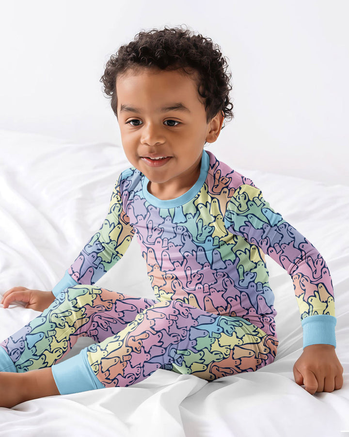 Pastel Rainbow Ghost Halloween Bamboo Two Piece Long Sleeve Pajama Set