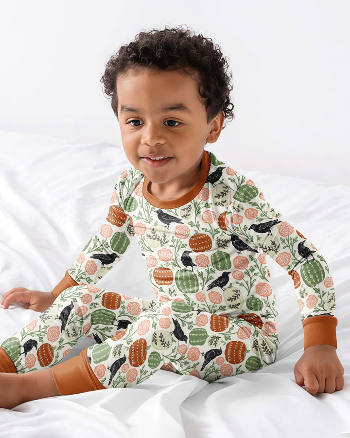 Country Crows with Mums and Pumpkins Bamboo Two Piece Long Sleeve Pajama Set