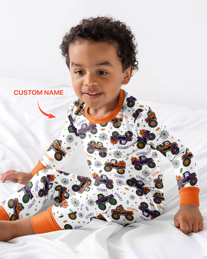 Custom Name Halloween Monster Truck Bamboo Two Piece Long Sleeve Pajama Set