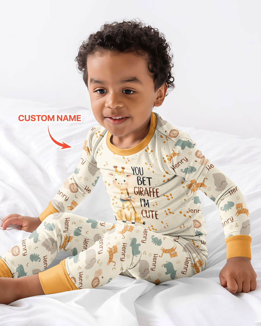 You Bet Giraffe I'm Cute Custom Name Bamboo Two Piece Long Sleeve Pajama Set