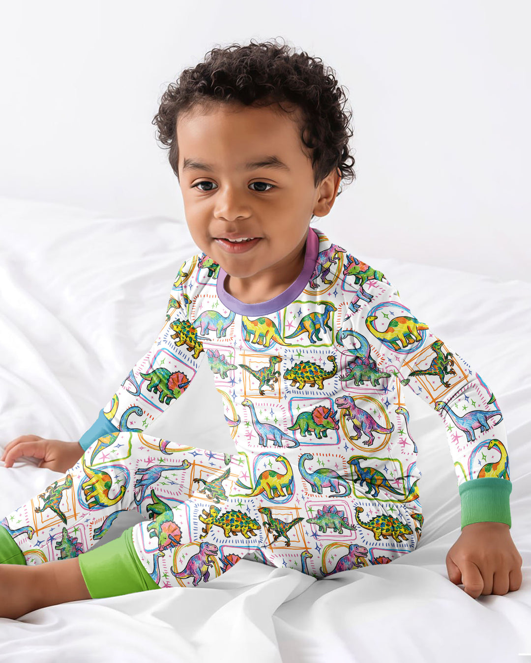 Dinosaur Colorful Stamps Bamboo Two Piece Long Sleeve Pajama Set