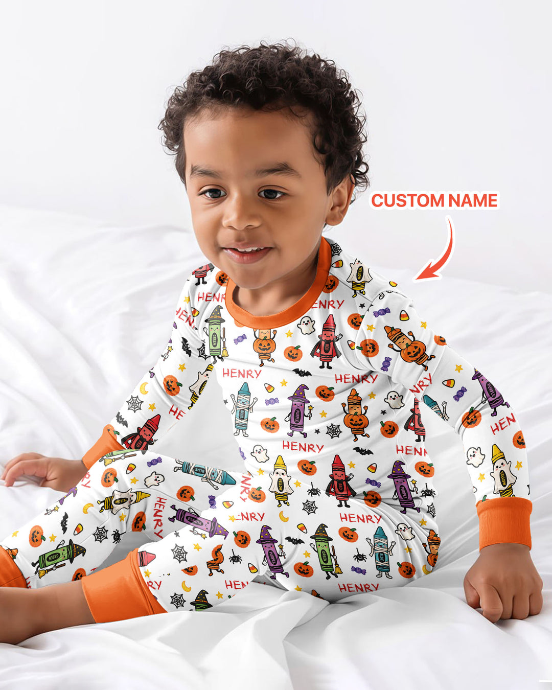 Custom Name Halloween Crayon Bamboo Two Piece Long Sleeve Pajama Set