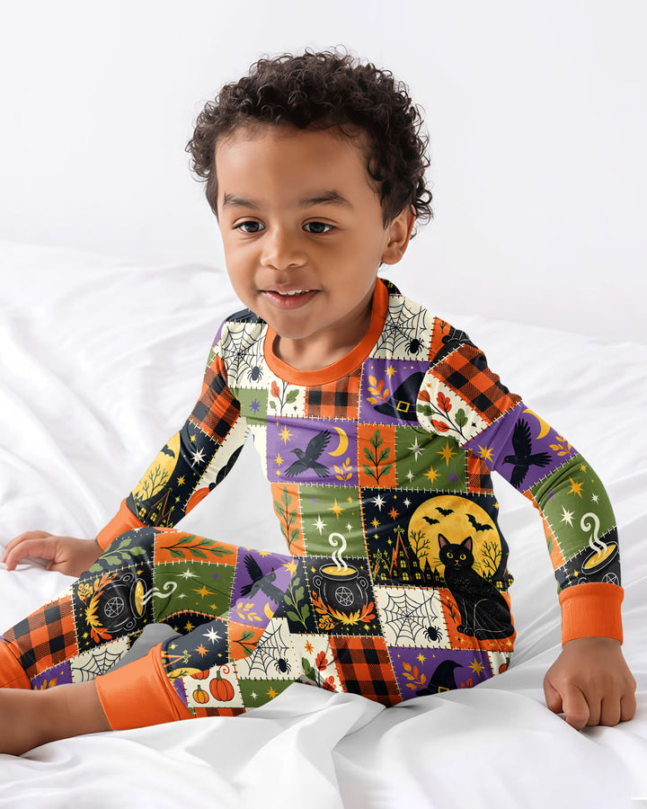 Halloween Black Cat Patchwork Bamboo Two Piece Long Sleeve Pajama Set