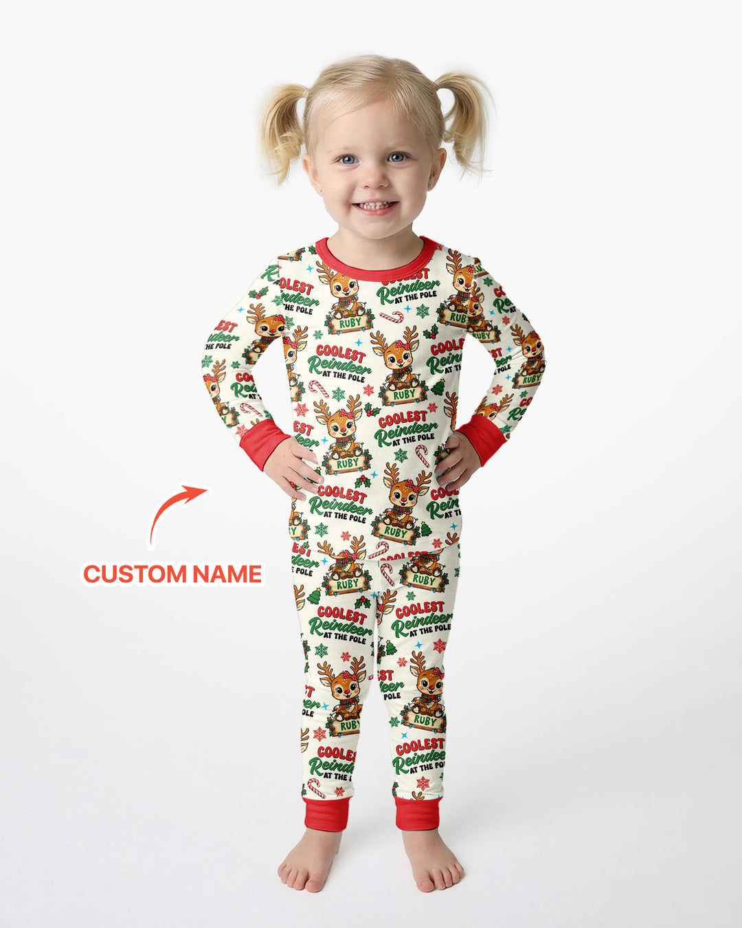 Custom Name Coolest Reindeer At The Pole Bamboo Two Piece Long Sleeve Pajama Set