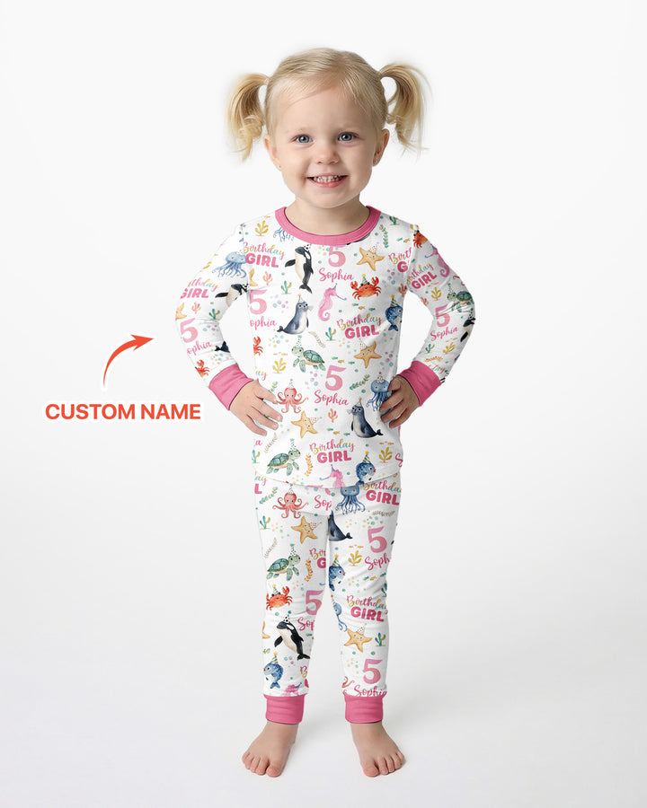 Birthday Under The Sea Custom Name & Age Bamboo Two Piece Long Sleeve Pajama Set