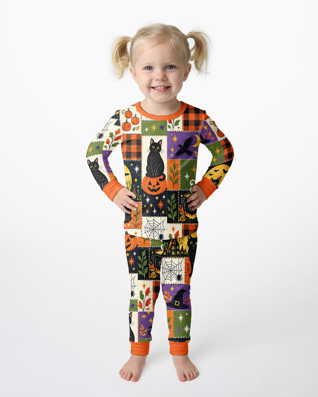 Halloween Black Cat Patchwork Bamboo Two Piece Long Sleeve Pajama Set