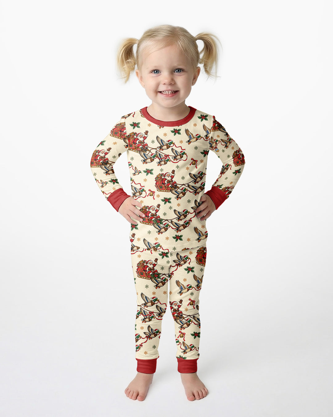 Santa Sleigh with Mallard Ducks Bamboo Two Piece Long Sleeve Pajama Set
