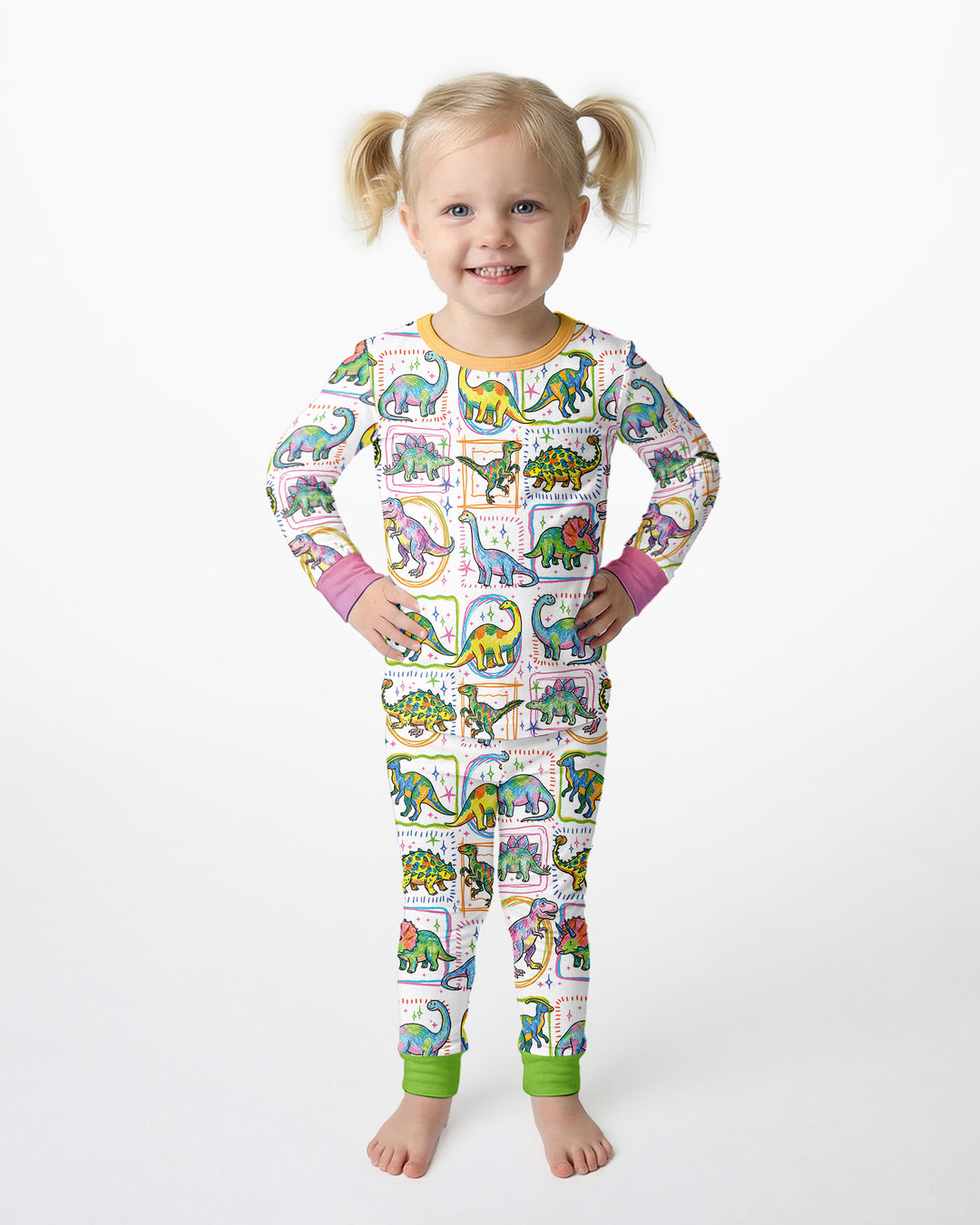 Dinosaur Colorful Stamps Bamboo Two Piece Long Sleeve Pajama Set