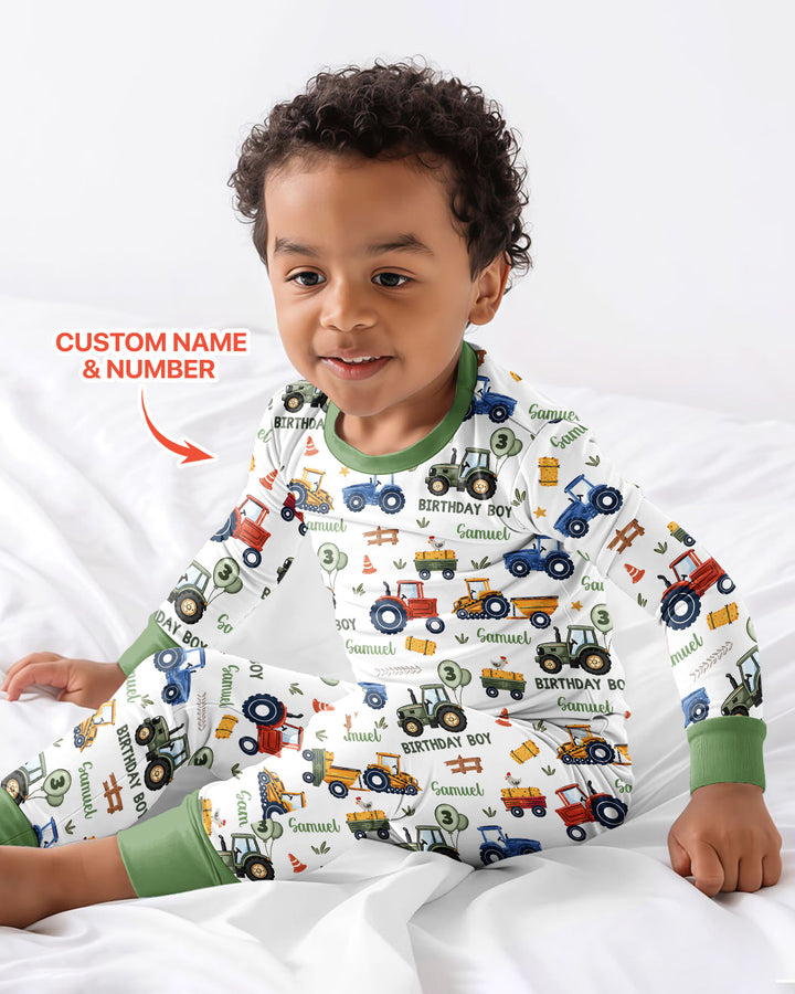 Custom Name and Age Tractor Birthday Boy Bamboo Two Piece Long Sleeve Pajama Set