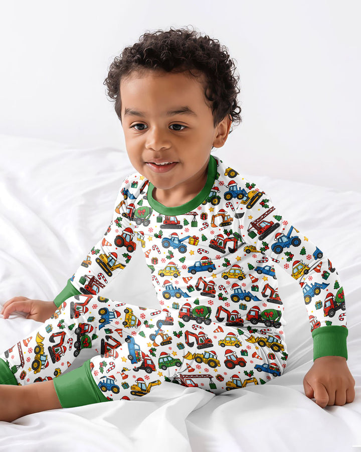 Excavator Christmas Trucks Bamboo Two Piece Long Sleeve Pajama Set