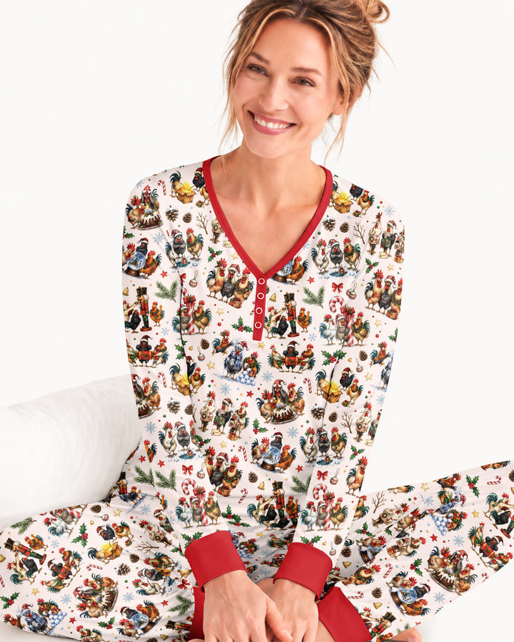 Funny Roosters On Christmas Bamboo Women Pajama Set
