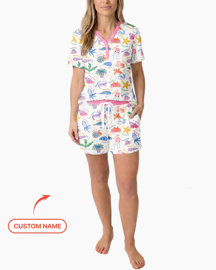 Tide Pool Pals Custom Name Bamboo Women Short Sleeve Short Pajama Set