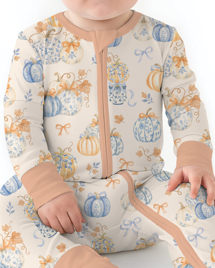 Preppy Blue and Orange Chinoiserie Pumpkin Bamboo Convertible Zippy