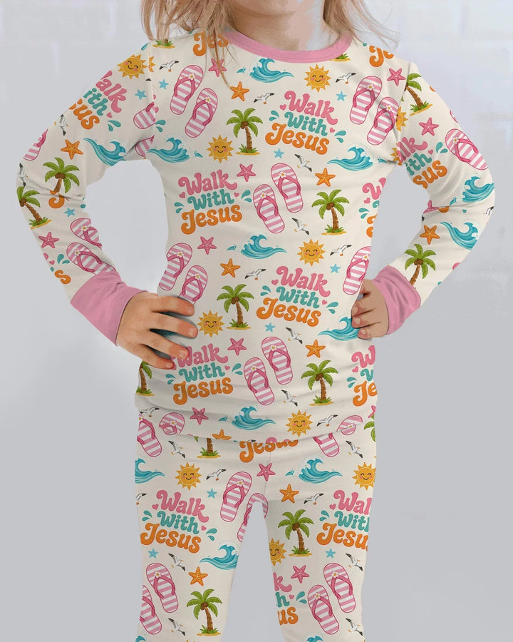 Groovy Summer Walk With Jesus Bamboo Two Piece Long Sleeve Pajama Set