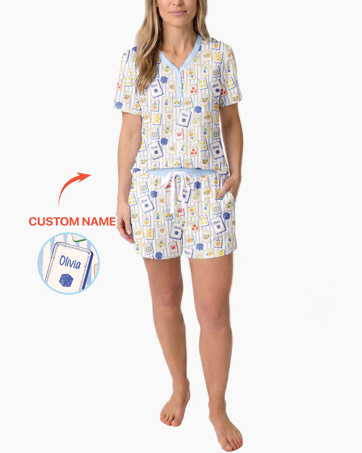 Coastal Mahjong Custom Name Mommy & Me Matching Bamboo Women Short Sleeve Short Pajama Set