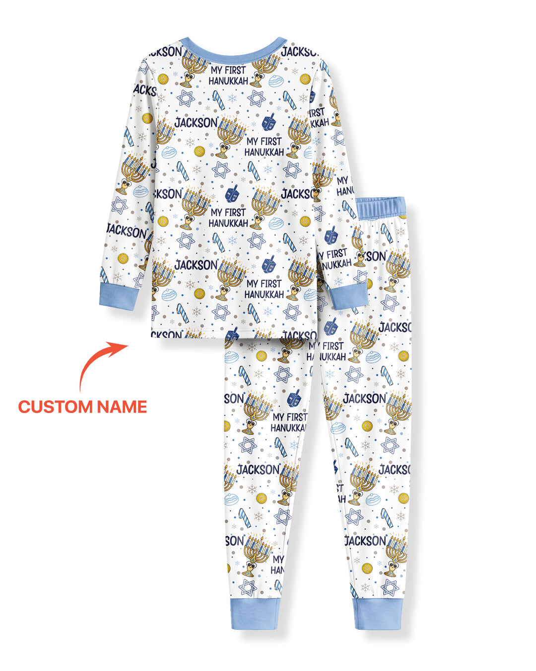 Custom Name Doodle Dreidel First Hanukkah Bamboo Two Piece Long Sleeve Pajama Set