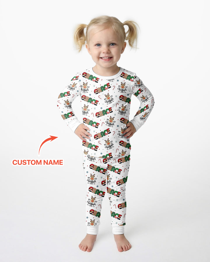 Custom Name My First Christmas 2026 Bamboo Two Piece Long Sleeve Pajama Set (G)