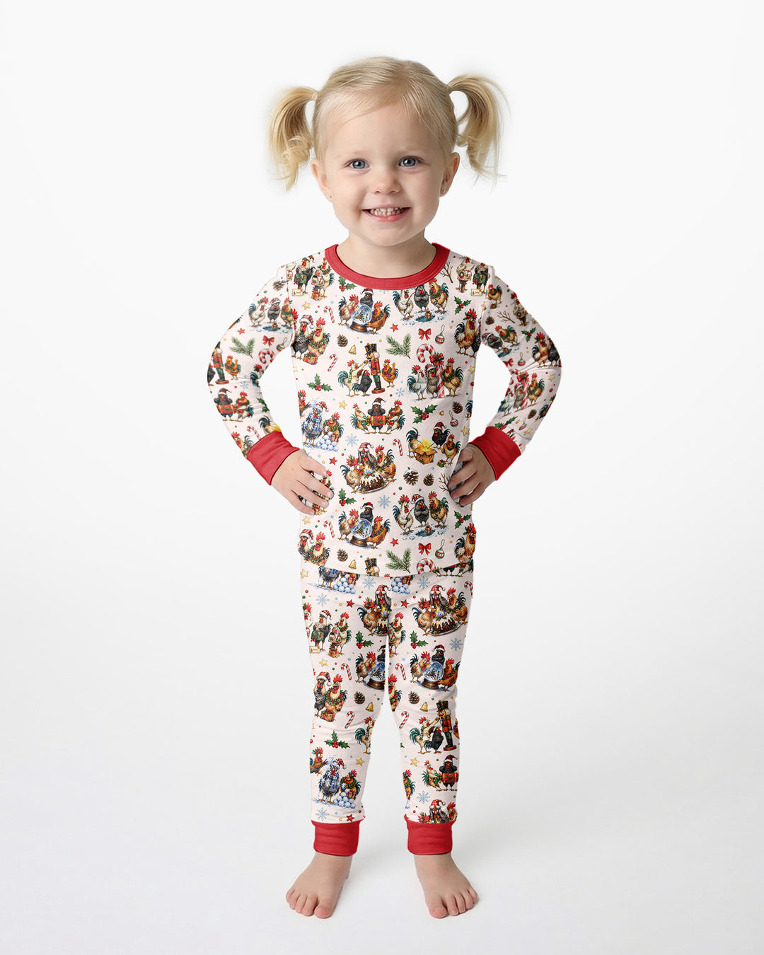 Funny Roosters On Christmas Bamboo Two Piece Long Sleeve Pajama Set