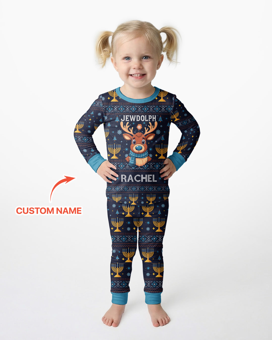 Custom Name Jewdolph Hanukkah Bamboo Two Piece Long Sleeve Pajama Set