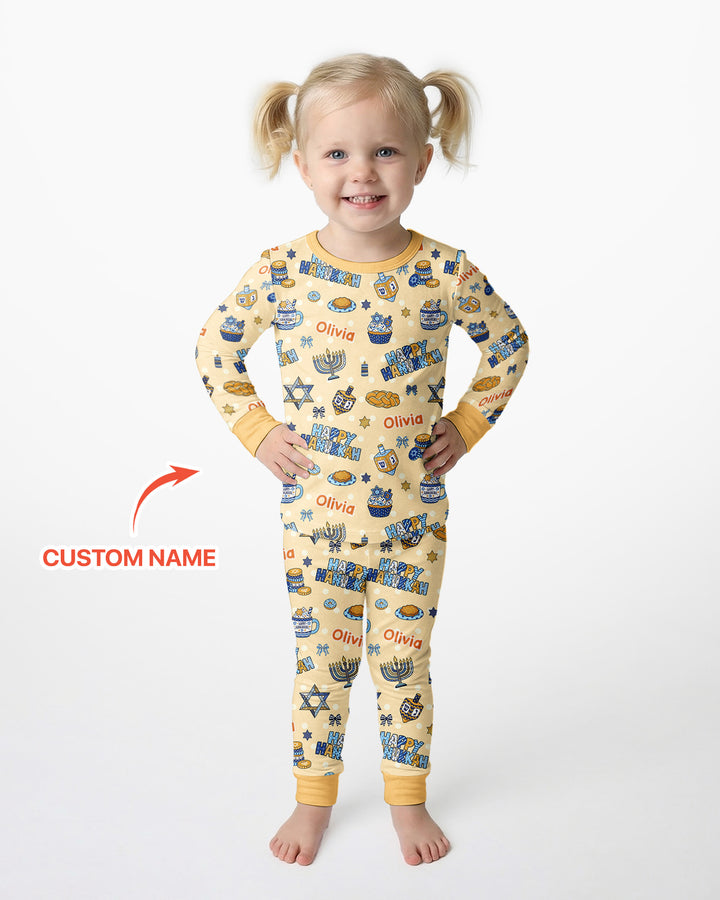 Custom Name Jewish Holiday Bamboo Two Piece Long Sleeve Pajama Set