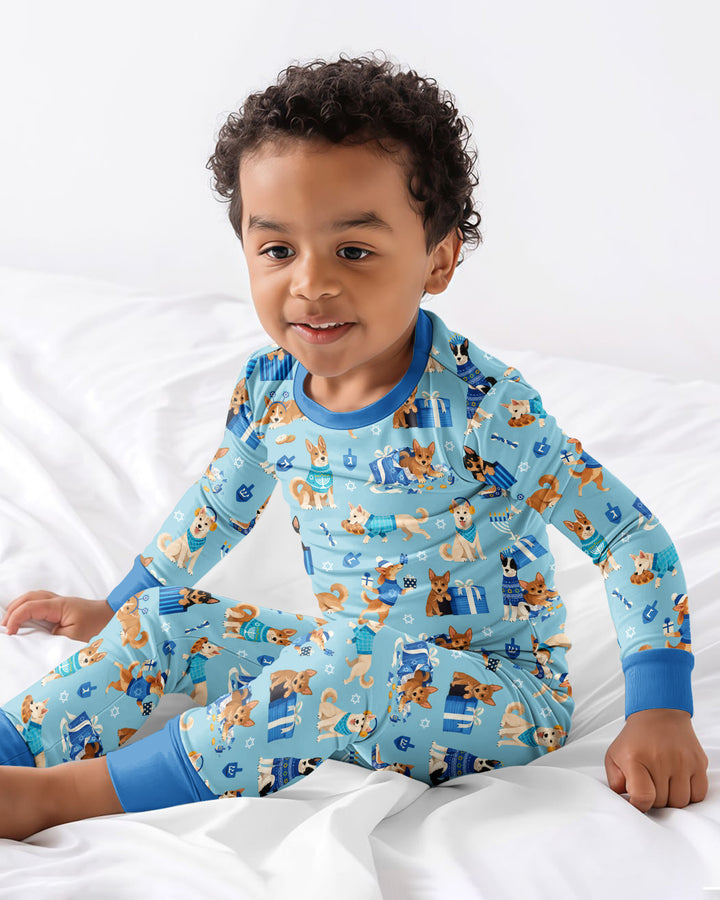 Hannukkah Protected by A Canaan Dog Bamboo Two Piece Long Sleeve Pajama Set