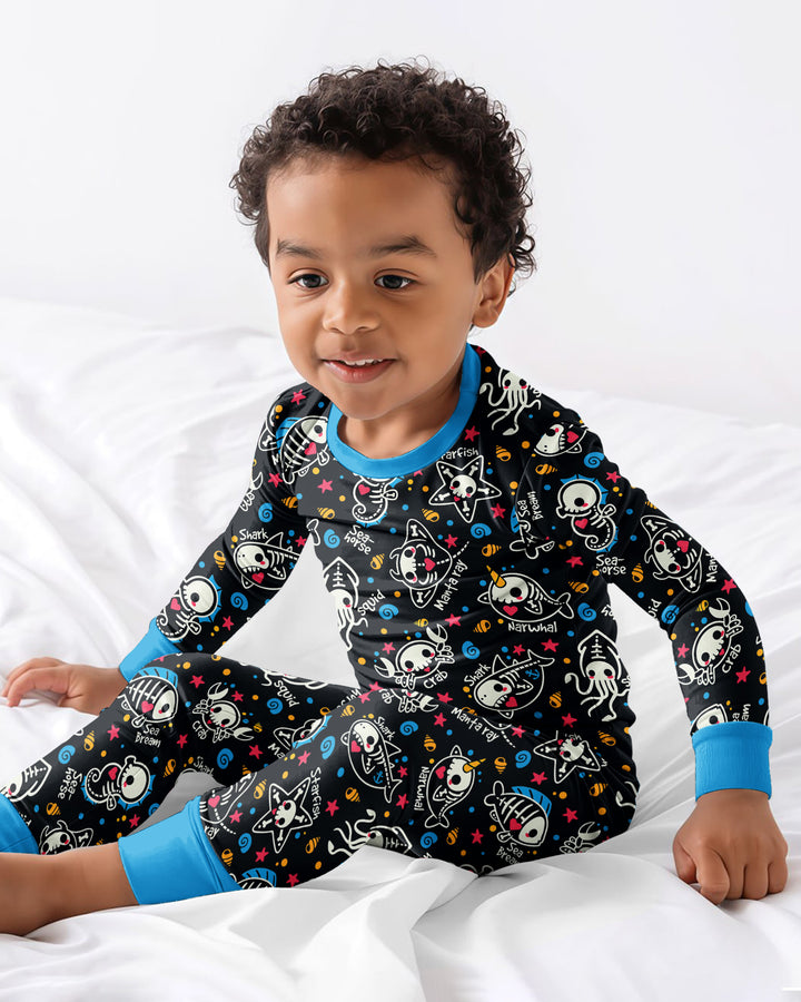 Kawaii Skeleton Ocean Animals Bamboo Two Piece Long Sleeve Pajama Set