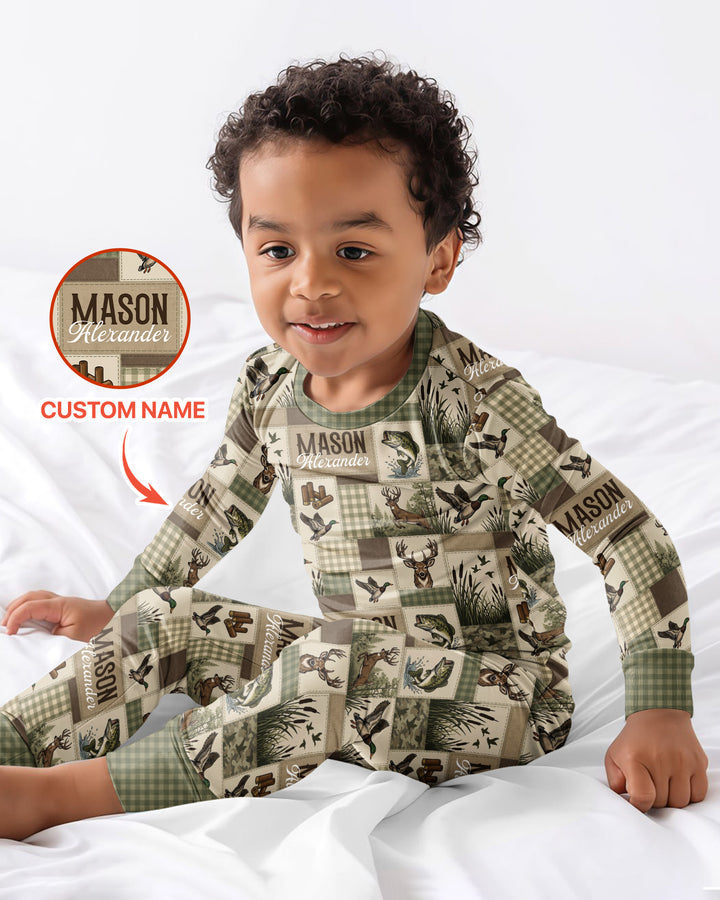 Personalized Hunting Patchwork Bamboo Two Piece Long Sleeve Pajama Set