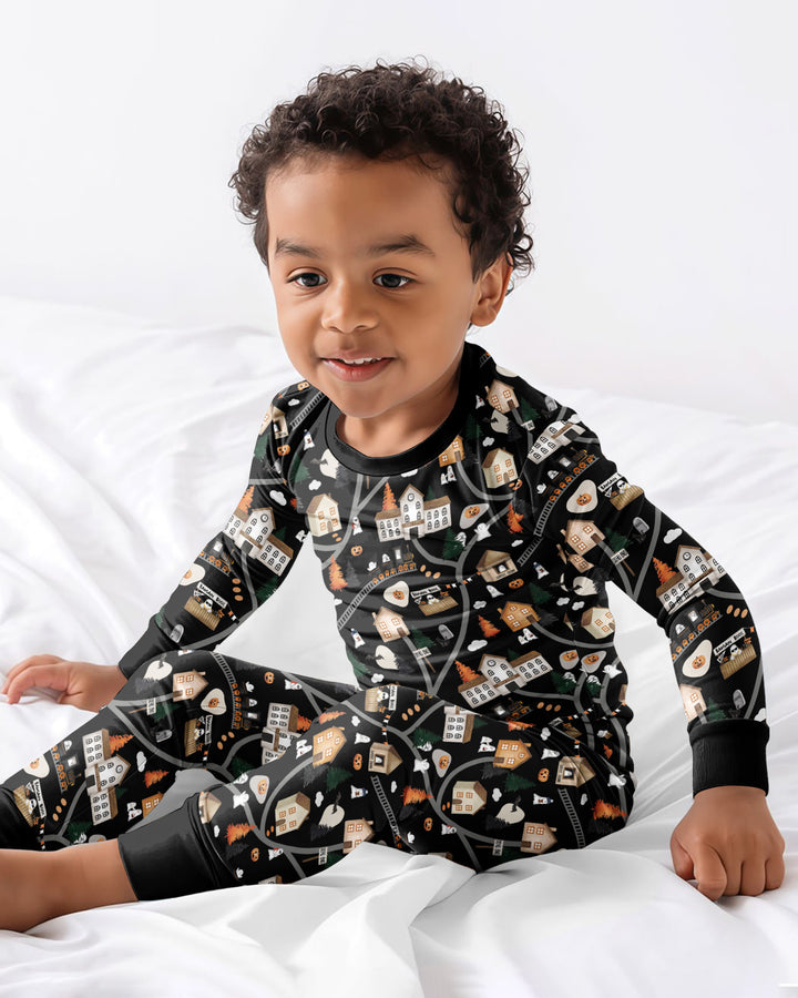 Haunted Halloween Town Map Bamboo Two Piece Long Sleeve Pajama Set