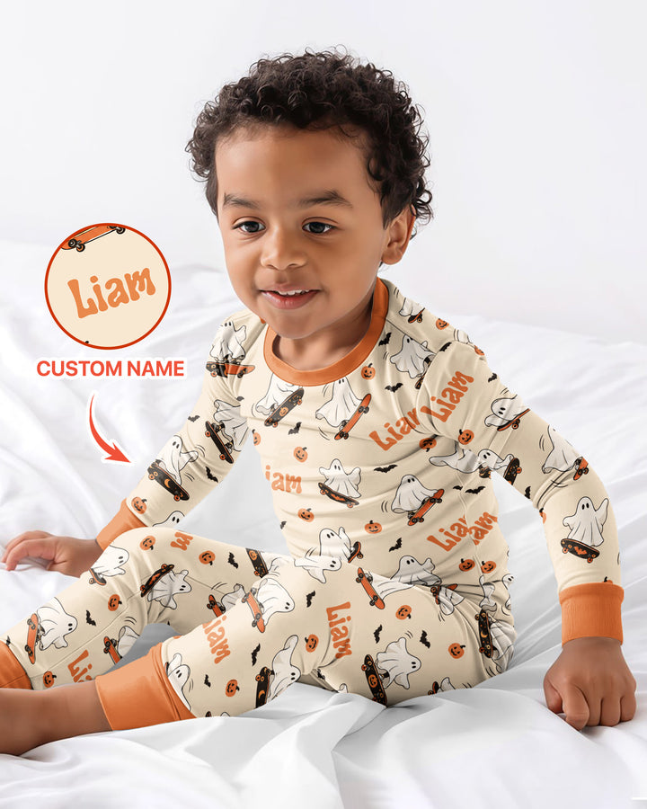 Skateboarding Ghost Halloween Bamboo Two Piece Long Sleeve Pajama Set