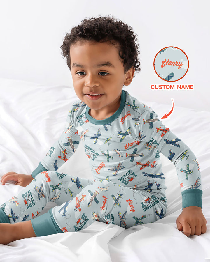 Personalized Airplane Birthday Boy Bamboo Two Piece Long Sleeve Pajama Set