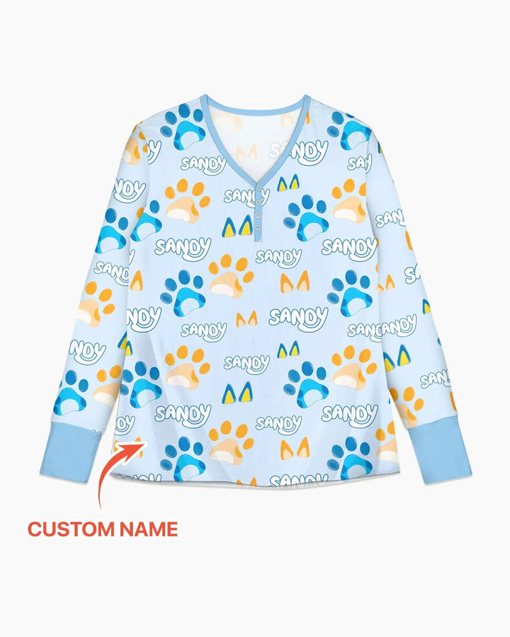 Benutzerdefinierter Name Lieblings-blaue Hunde-Familien-Pyjama-Set aus Bambus für Damen