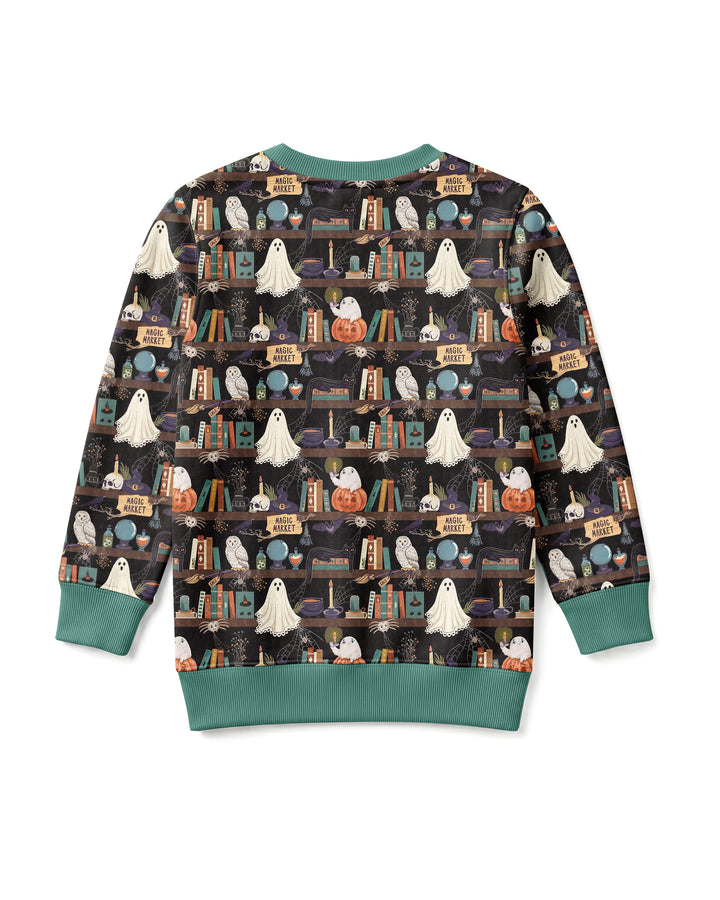 Cute Ghost Witchy Halloween Magic Library Bamboo Crewneck Sweatshirt